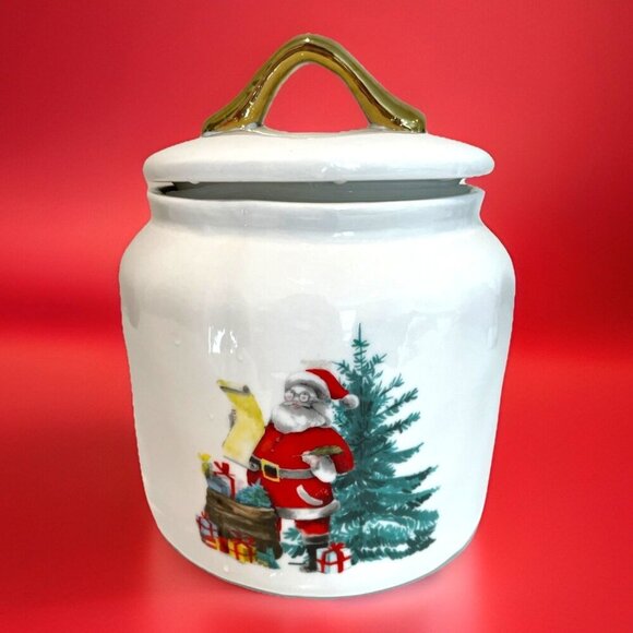 Ciroa Celebrate Christmas Stoneware Canister Cookie Jar Santa Tree Holiday - Picture 1 of 10
